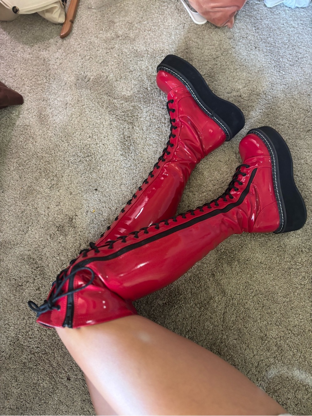 Platform Demonia Red Patent Over-the-Knee Lace-Up Boots - Picture 3 of 9